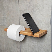 Įkelti vaizdą į galerijos rodinį, Medinis Tualetinio Popieriaus Laikiklis Su Lentynėle Ir Įpjova Telefonui, Vonios Kambario Dekoracija
