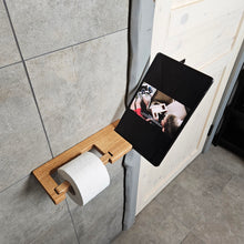Įkelti vaizdą į galerijos rodinį, Medinis Tualetinio Popieriaus Laikiklis Su Lentynėle Ir Įpjova Telefonui, Vonios Kambario Dekoracija