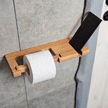 Įkelti vaizdą į galerijos rodinį, Medinis Tualetinio Popieriaus Laikiklis Su Lentynėle Ir Įpjova Telefonui, Vonios Kambario Dekoracija
