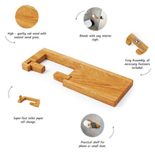 Įkelti vaizdą į galerijos rodinį, Medinis tualetinio popieriaus laikiklis su lentynėle
