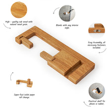 Įkelti vaizdą į galerijos rodinį, Medinis Tualetinio Popieriaus Laikiklis Su Lentynėle Ir Įpjova Telefonui, Vonios Kambario Dekoracija