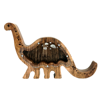 Medinė taupyklė dinozauras (ruda, graviravimas)